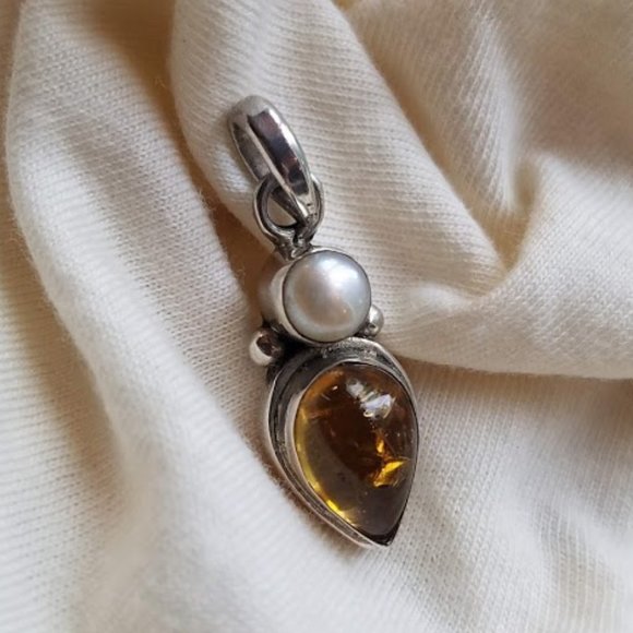 Amber Pearl Sterling Silver Pendant Fossil Tree Heal Forest Ocean Gift Holiday - Picture 5 of 7